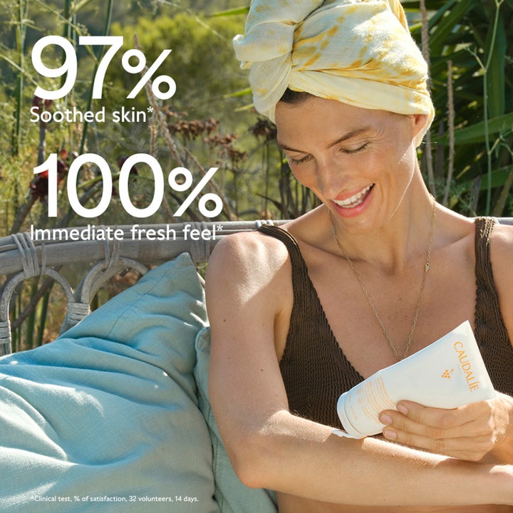 Caudalie Vinosun After-Sun Repairing Lotion 200 ml rauhoittaa ihoa nainen levittää voidetta 97% Soothed skin.