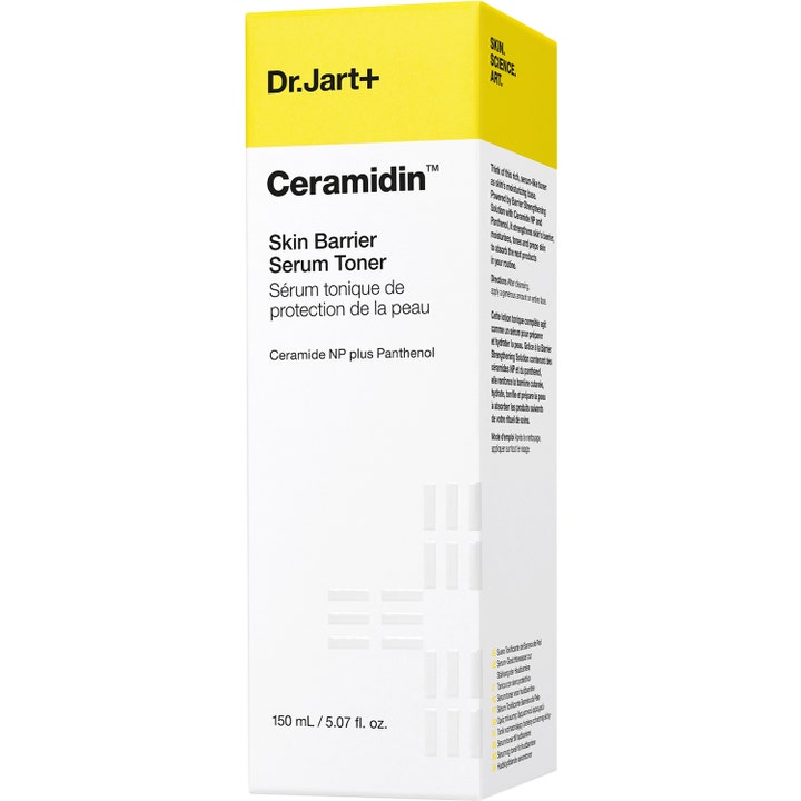 Dr.Jart+ Ceramidin Skin Barrier Serum Toner 150 ml vahvistava kasvovesi kelta-valkoisessa pahvipakkauksessa.