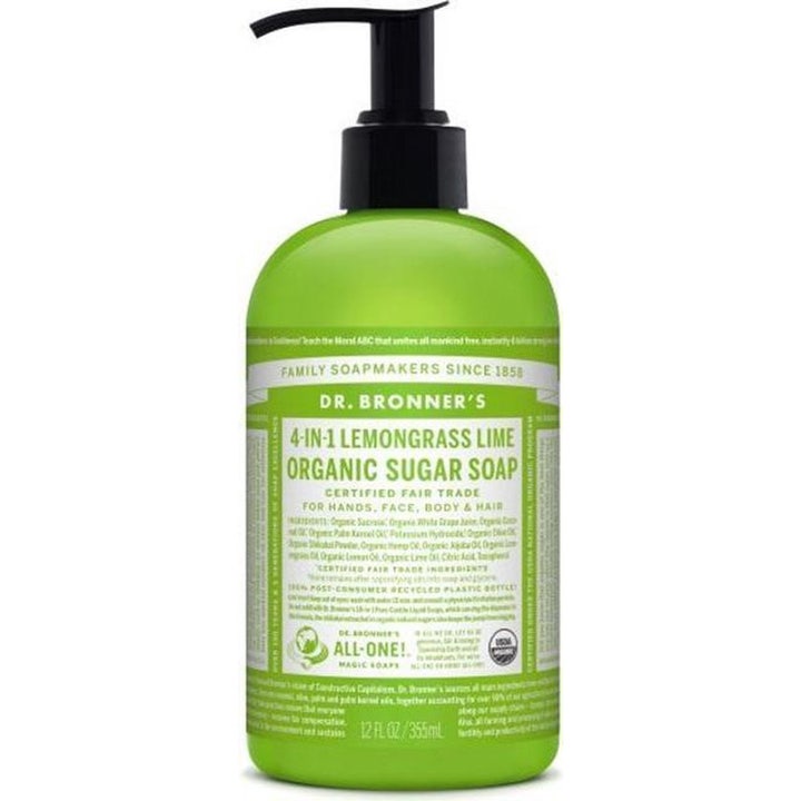 Dr. Bronner's 4-in-1 Lemongrass Lime Organic Sugar Soap 355 ml raikastava monitoimisaippua vihreässä pumppupullossa.