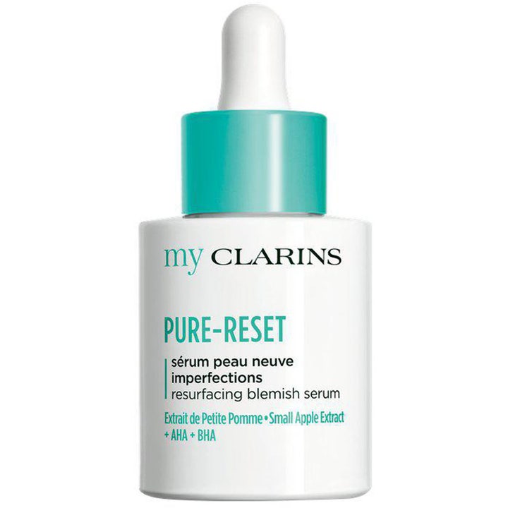 My Clarins Pure-Reset Resurfacing Blemish Serum epäpuhtauksia hoitava kasvoseerumi valkoisessa pullossa turkoosilla korkilla