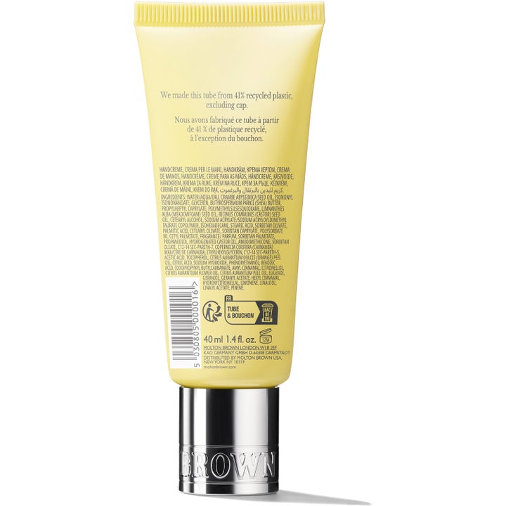 Molton Brown Orange & Bergamot Hand Cream 40 ml kosteuttava käsivoide keltaisen tuubin kääntöpuoli ja hopeinen korkki
