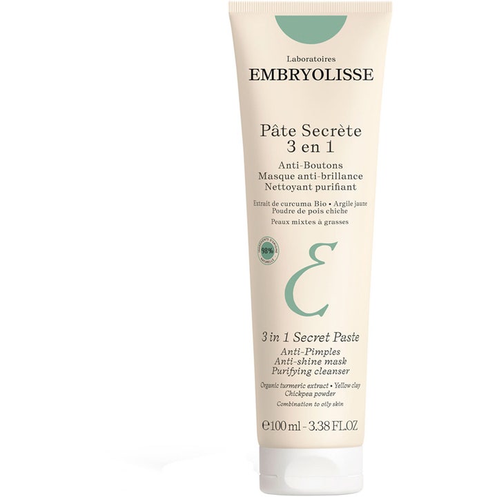 Embryolisse Pâte Secrète 3 en 1 100 ml puhdistava kasvonaamio vaaleassa tuubissa vihreillä yksityiskohilla.