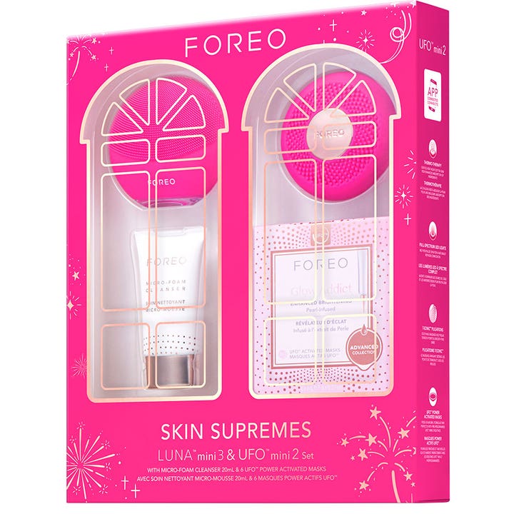 FOREO LUNA Mini 3 & UFO Mini 2 Set ihonhoitosetti pinkissä lahjapakkauksessa puhdistamaan ihoa