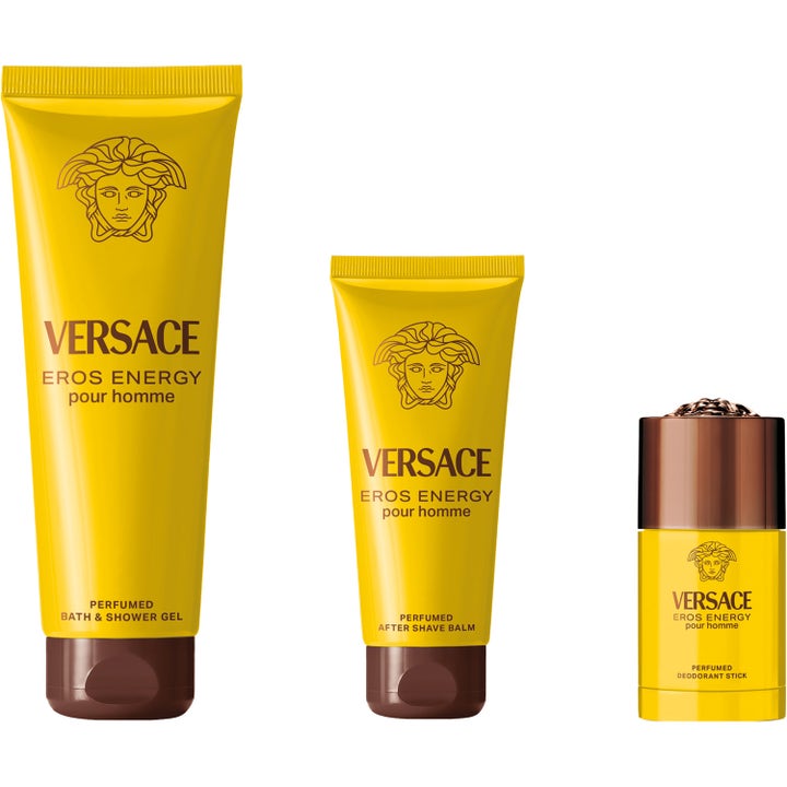 Versace Eros Energy 75 ml deodoranttikku keltaisessa pakkauksessa osana kolmen tuotteen sarjaa