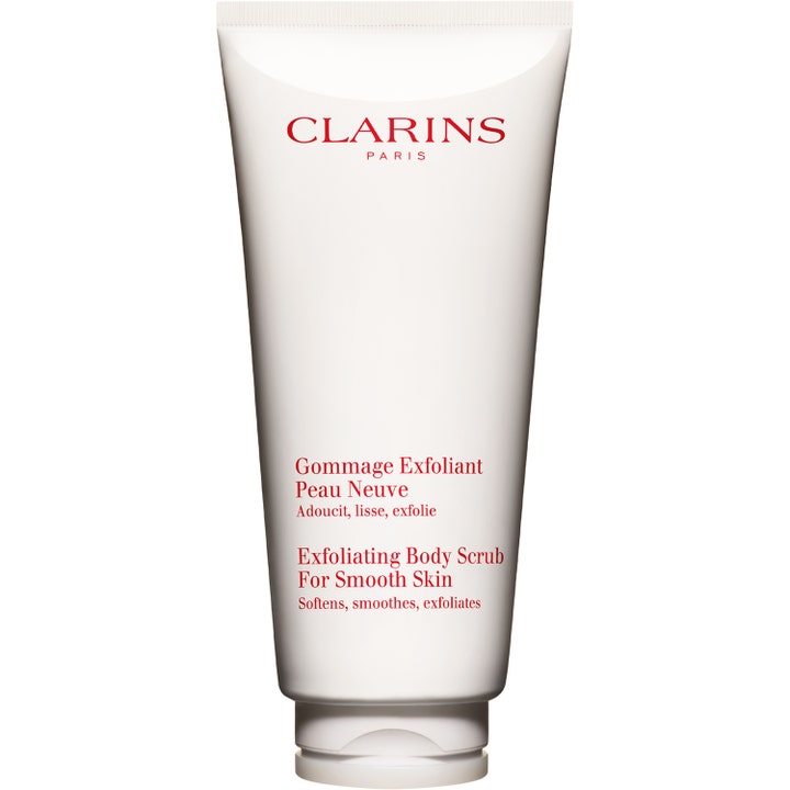 Clarins Exfoliating Body Scrub For Smooth Skin on silottava vartalokuorinta valkoisessa tuubissa punaisella tekstillä.