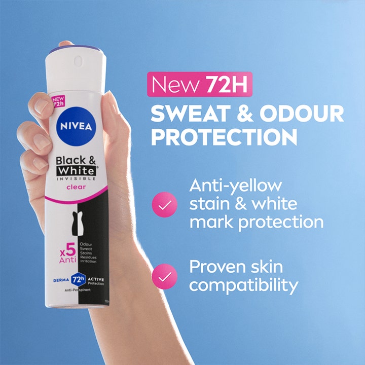 NIVEA Black & White Original Spray 150 ml deodorantti antaa 72h suojan ja on kädessä pidetty valkomusta suihkepullo.
