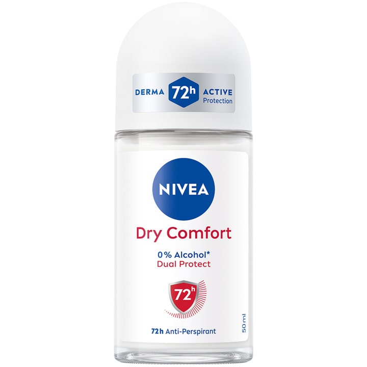 Nivea Dry Comfort 50 ml antiperspirantti antaa 72 tunnin suojan kirkkaassa lasipullossa valkoisella korkilla.