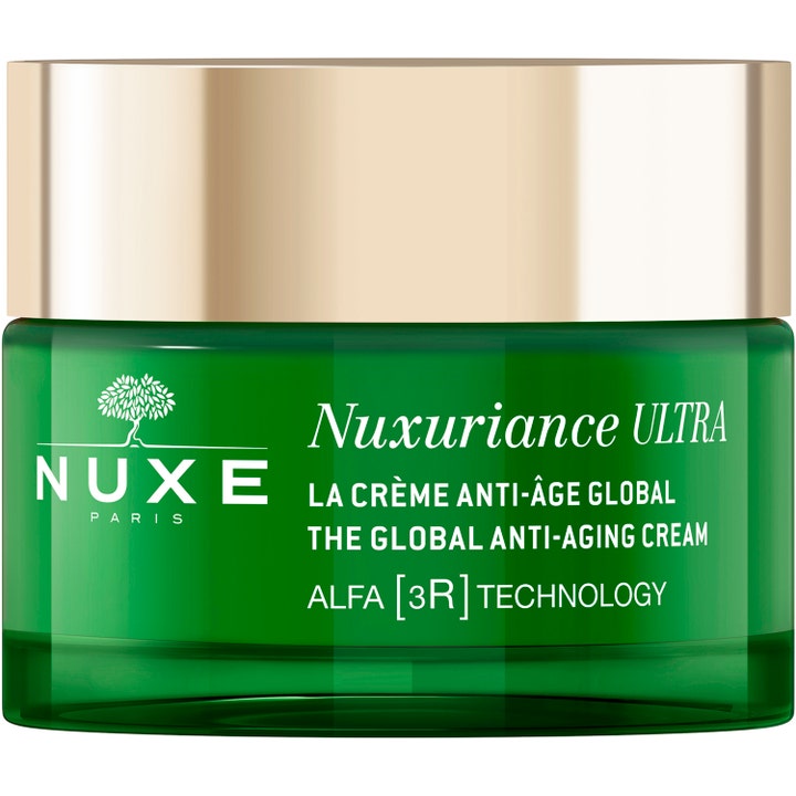 Nuxe Nuxuriance Ultra The Global Anti-Aging Cream uudistava kasvovoide vihreässä lasipurkissa kultaisella korkilla.
