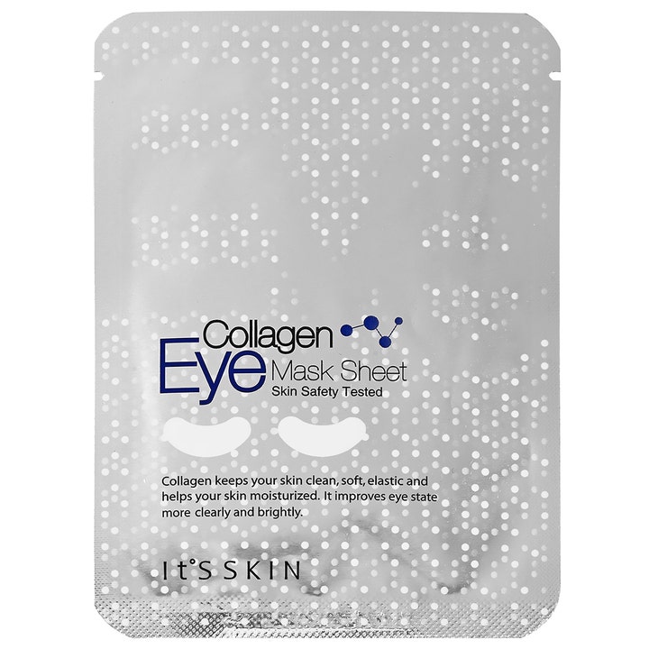 It's Skin Collagen Eye Mask Sheet 1 pari kosteuttava silmänympärysnaamio hopeisessa pakkauksessa valkoisilla pisteillä