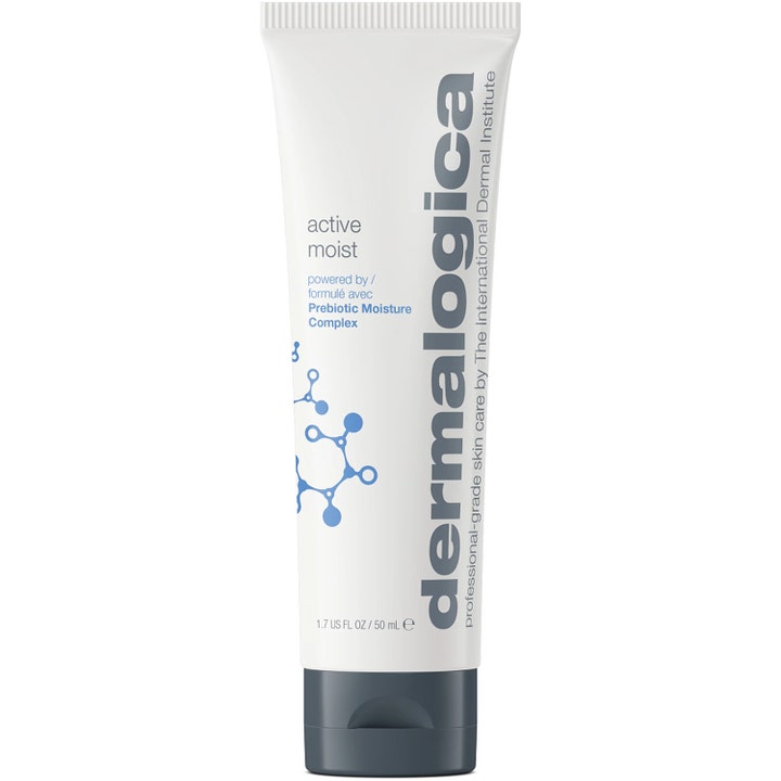 Dermalogica Active Moist 50 ml kosteuttava kasvovoide valkoisessa tuubissa, jossa on harmaa korkki ja sininen kuvio.