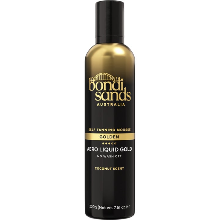 Bondi Sands Aero Liquid Gold 225 ml kosteuttava itseruskettava vaahto mustassa pullossa kultaisilla yksityiskohdilla.