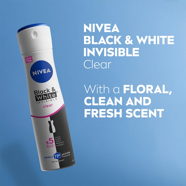 Nivea Black & White Invisible Clear 150 ml deodoranttisuihke antaa 72h suojan valkoisessa pullossa sinisellä korkilla.