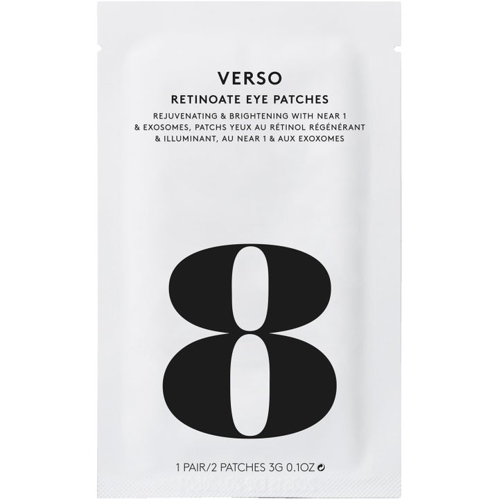 Verso Retinoate Eye Patches 1 pari uudistava silmänympäryshoito valkoisessa pussissa isolla mustalla 8-kuviolla.