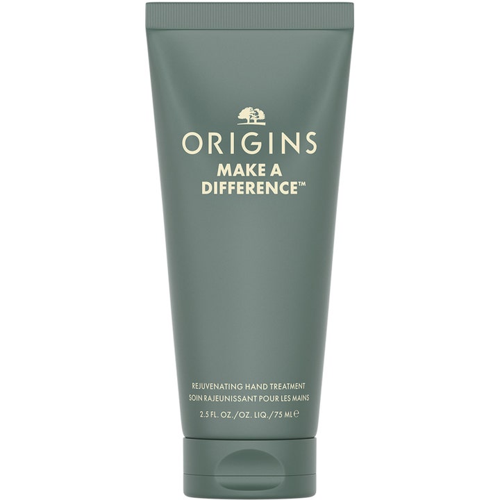 Origins Make A Difference 75 ml uudistava käsivoide pehmentää ihoa salvianvihreässä muovituubissa.