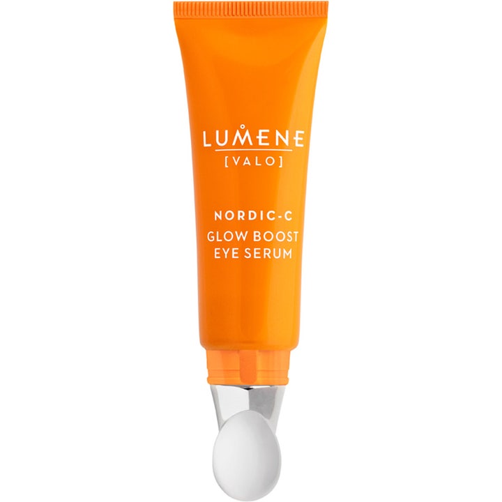 Lumene Nordic-C Glow Boost Eye Serum 10 ml kirkastava silmänympärysseerumi oranssissa tuubissa pyöreällä applikaattorilla.