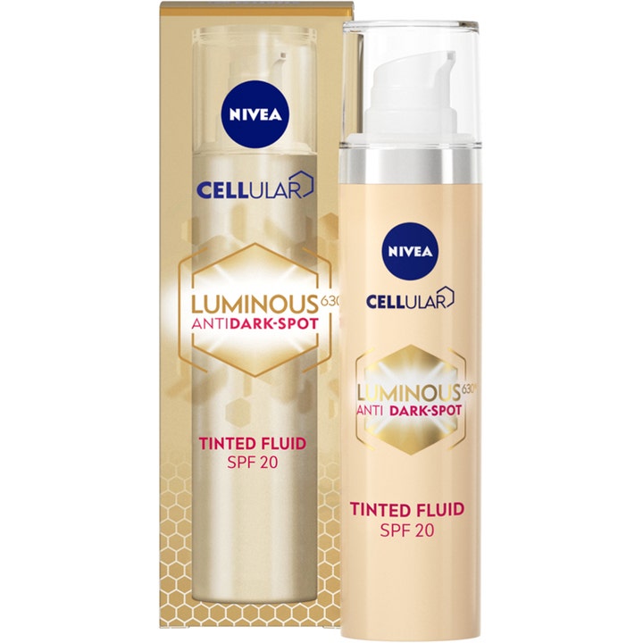 Nivea Cellular Luminous 630 Anti Dark-Spot Tinted Fluid SPF 20 häivyttää pigmenttiläiskiä beige pumppupullo ja pakkaus
