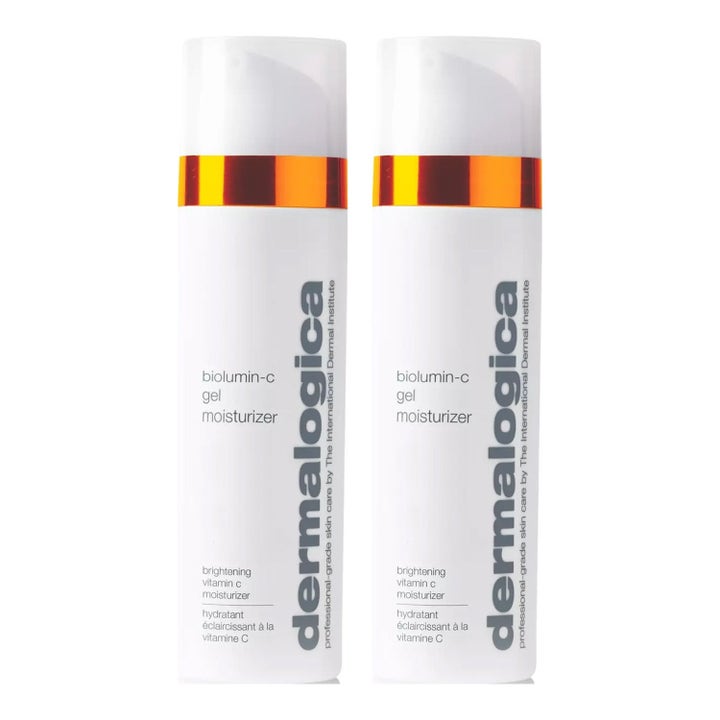 Dermalogica BioLumin-C Gel Moisturizer kirkastava C-vitamiinivoide kahdessa valkoisessa pullossa joissa on oranssi raita