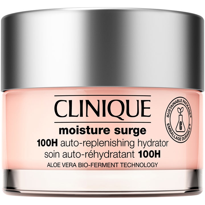 Clinique Moisture Surge 100H syväkosteuttava kasvovoide persikanvärisenä geelinä hopeakantisessa lasipurkissa.