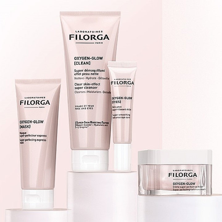 Filorga Oxygen-Glow Cream 50 ml heleyttävä kasvovoide ja sarjan muut tuotteet vaaleanpunaisissa pakkauksissa