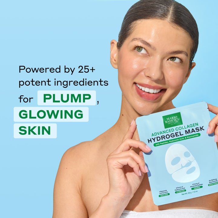 Mario Badescu Advanced Collagen Hydrogel Sheet Mask 3 kpl kasvonaamio nainen pitelee hehkua antavaa vaaleansinistä pakkausta