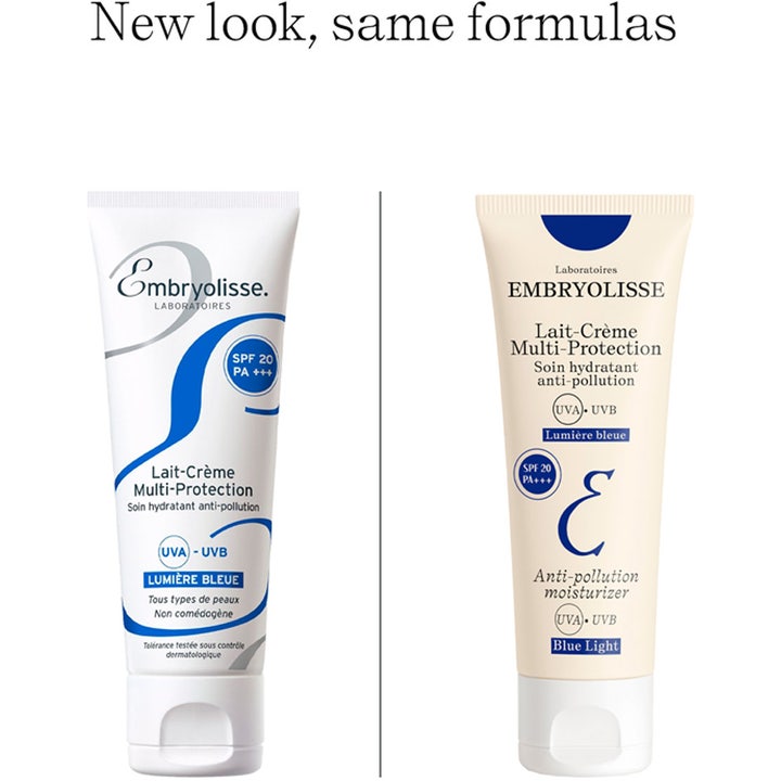 Embryolisse Lait-Crème Multi-Protection SPF20 40 ml kasvovoide vertailussa vanha ja uusi tuubipakkaus.