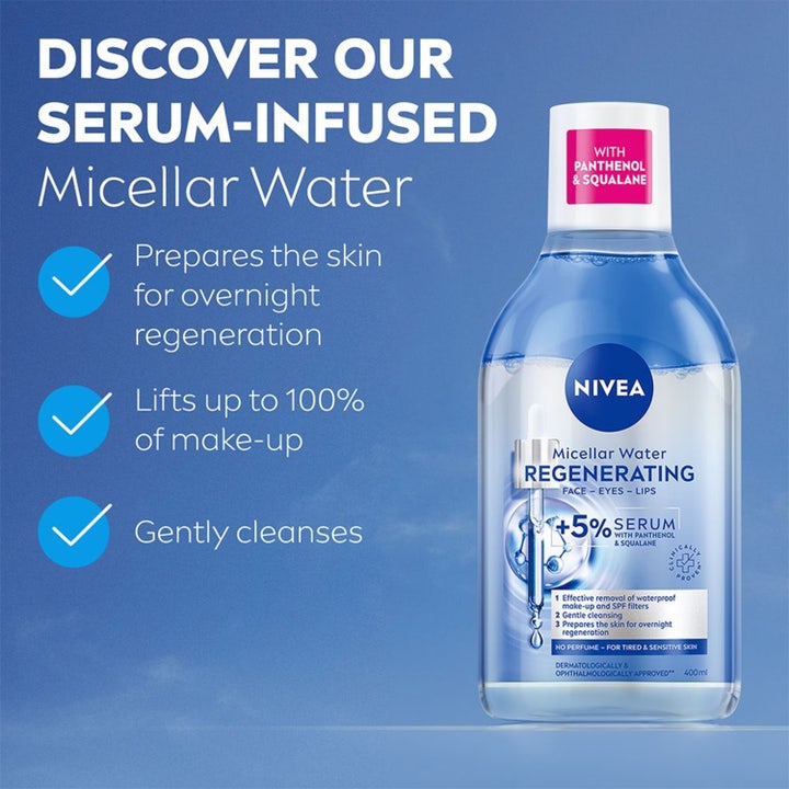 NIVEA Micellar Water Regenerating 400 ml uudistava misellivesi sisältää +5 % seerumia panteonolilla ja skvalaanilla