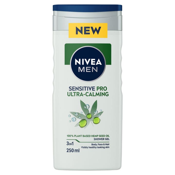 Nivea Men Sensitive Pro Ultra-Calming 250 ml rauhoittava suihkugeeli valkoisessa pullossa jossa on vihreä hamppulehtikuvio