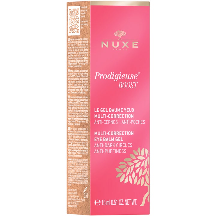 Nuxe Prodigieuse Boost Eye Balm Gel 15 ml silmänympärysvoide vähentää turvotusta vaaleanpunaisessa pakkauksessa.