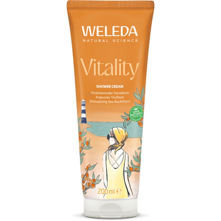 Weleda Vitality Creamy Body Wash 200 ml luonnollinen ja virkistävä suihkuvoide oranssissa tyrnikuvioisessa tuubissa