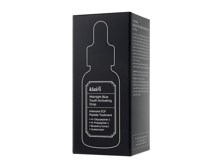 Klairs Midnight Blue Youth Activating Drop 20 ml ihoa uudistava EGF-seerumi mustassa pahvipakkauksessa.