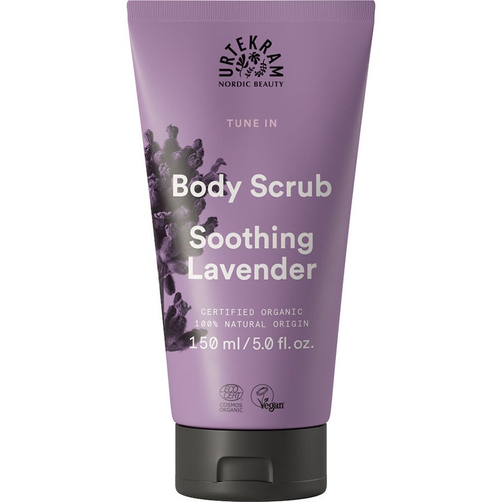 Urtekram Tune In Body Scrub Soothing Lavender 150 ml rauhoittava vartalokuorinta lilassa tuubissa mustalla korkilla
