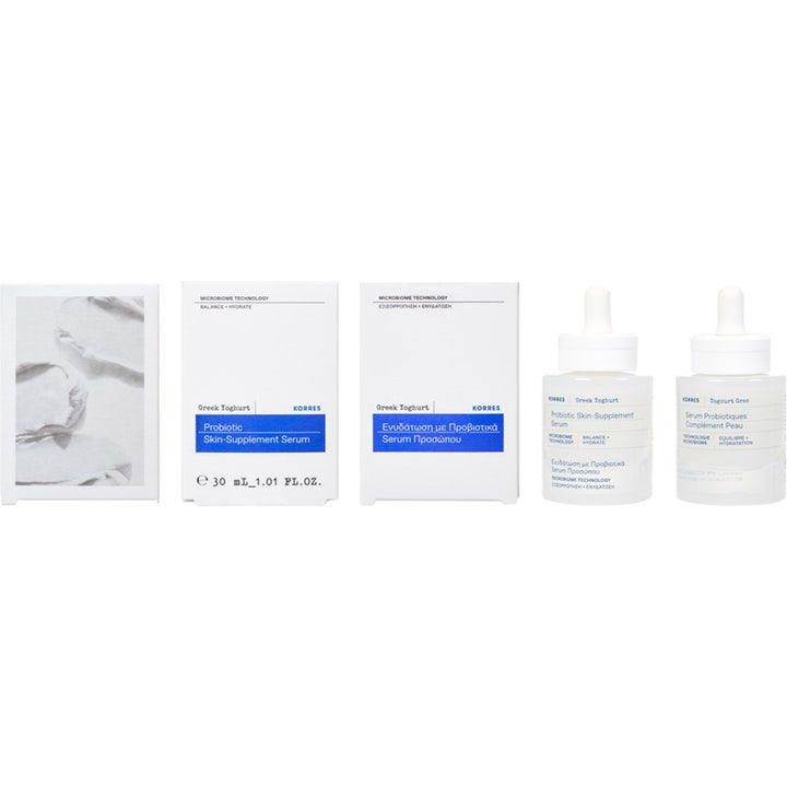 KORRES Greek Yoghurt Probiotic Serum 30 ml tasapainottava seerumi valkoisessa pakkauksessa ja lasipullossa