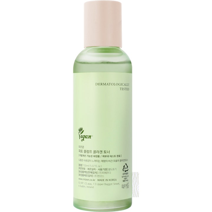 Mizon Phyto Plump Collagen Toner 150 ml kosteuttava vegaaninen kasvovesi vihreässä pullossa beigellä korkilla