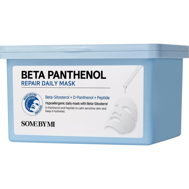 Some By Mi Beta Panthenol Repair Daily Mask rauhoittava kangasmaski vaaleansinisessä suorakaiteen muotoisessa rasiassa.
