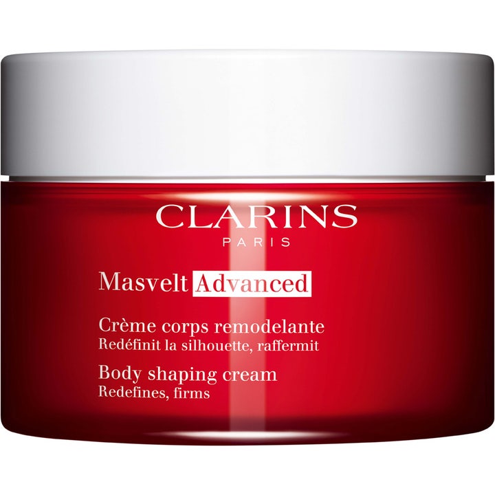 Clarins Masvelt Advanced 200 ml kiinteyttävä vartalovoide muotoilee ihoa punaisessa purkissa valkoisella korkilla