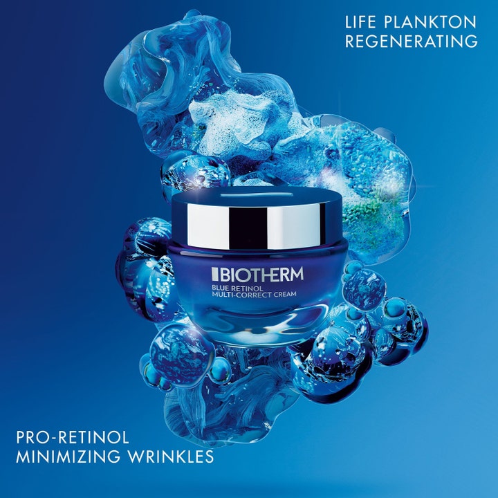 Biotherm Blue Pro-Retinol 50 ml ryppyjä häivyttävä kasvovoide sinisessä lasipurkissa vesikuplien ympäröimänä.