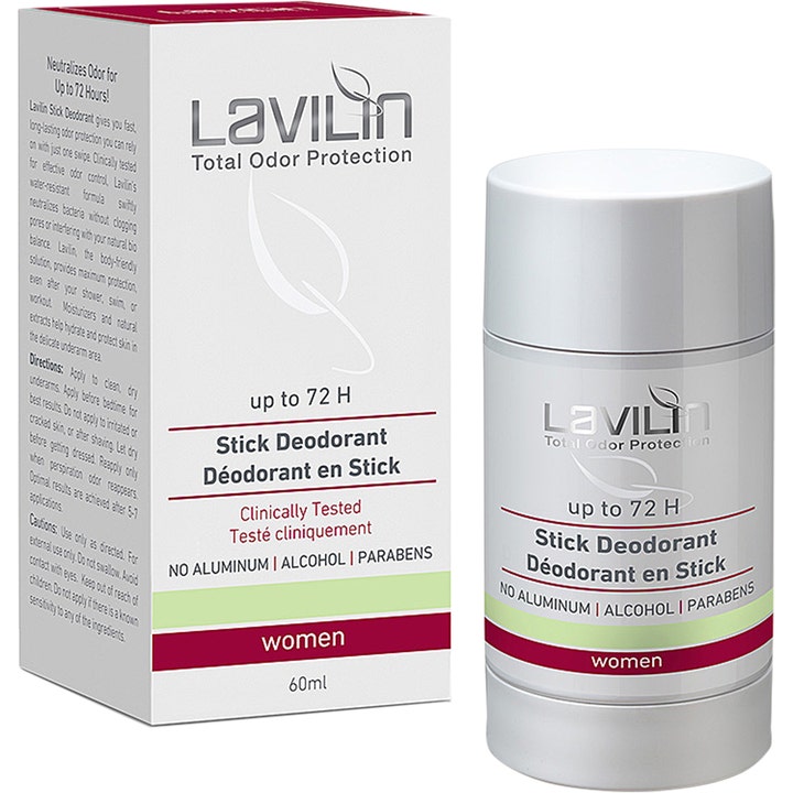 Lavilin Stick Deodorant 60 ml hajuja neutraloiva alumiiniton deodoranttipuikko ja valkoinen pakkaus viininpunaisin raidoin.