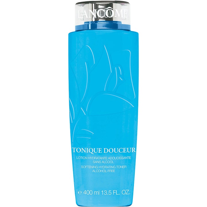 Lancôme Tonique Douceur 400 ml kosteuttava kasvovesi kirkkaassa sinisessä pullossa hopeisella korkilla.
