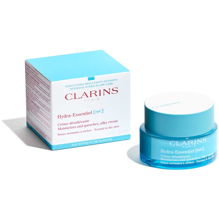 Clarins Hydra-Essentiel 50 ml kosteuttava kasvovoide sinisessä lasipurkissa ja vaaleansinisessä ulkopakkauksessa.