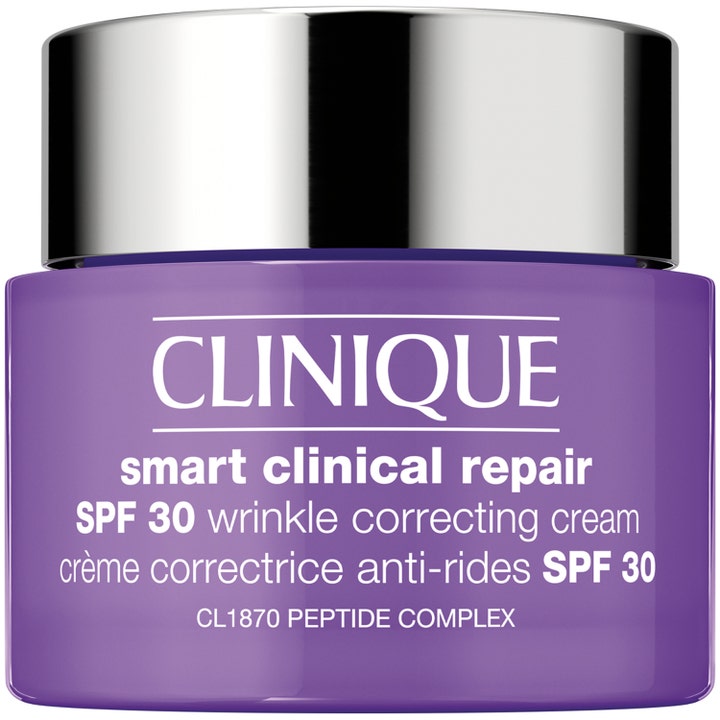 Clinique Smart Clinical Repair SPF 30 Wrinkle Correcting Cream ryppyjä silottava kasvovoide liilassa purkissa hopeisella korkilla