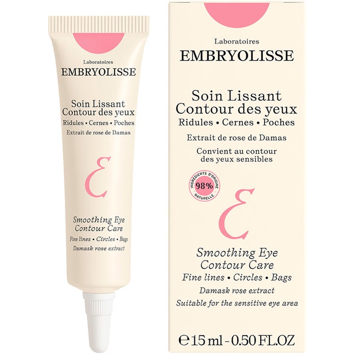 Embryolisse Smoothing Eye Contour Care 15 ml silottava silmänympärysvoide beige tuubi ja pakkaus vaaleanpunaisin yksityiskohdin.