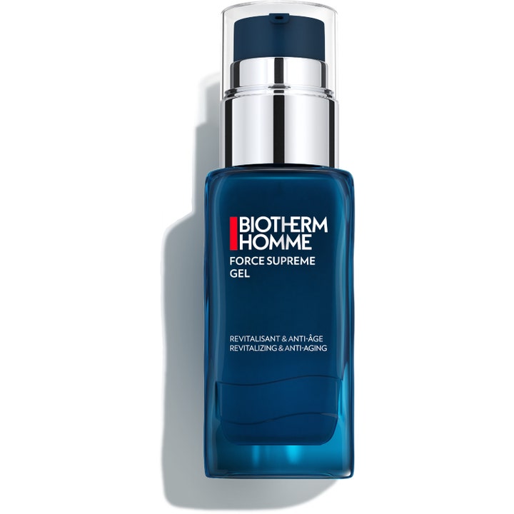 Biotherm Homme Force Supreme Gel 50 ml elvyttävä anti-age-geeli sinisessä pumppupullossa hopeisella kauluksella