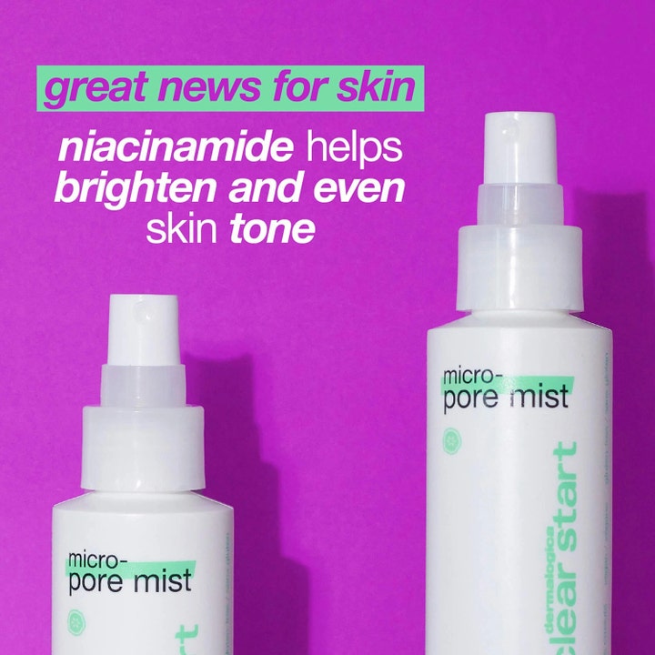 Dermalogica Clear Start Micro-Pore Mist 118 ml kirkastava kasvovesi sisältää niasiiniamidia purppuralla taustalla.