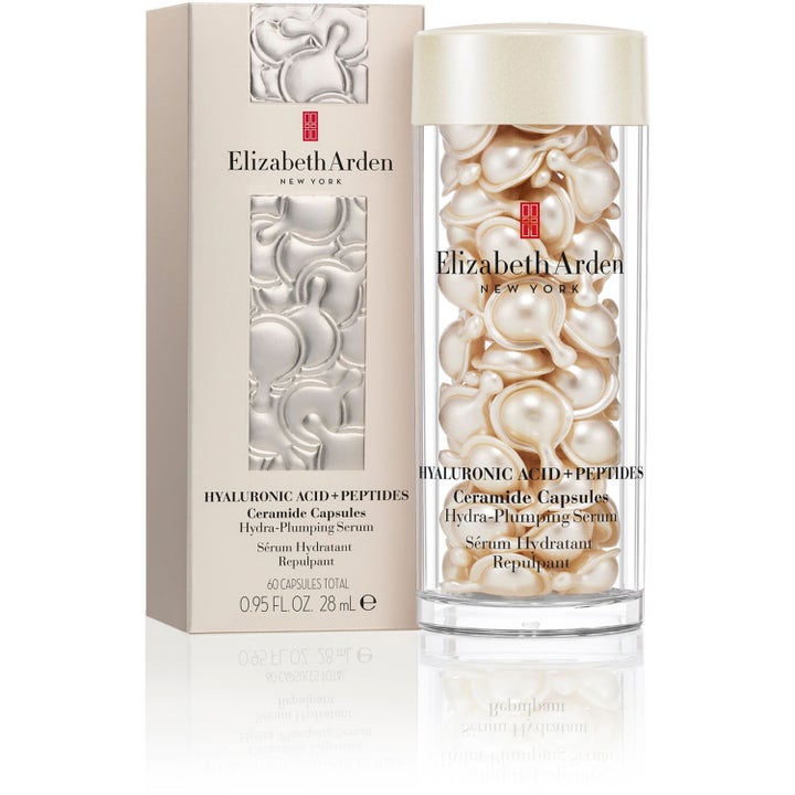 Elizabeth Arden Ceramide Capsules Hyaluronic Acid + Peptides 28 ml täyteläistävä seerumi ja purkki täynnä kapseleita