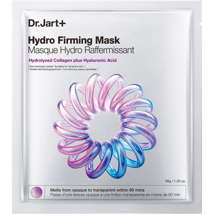 Dr.Jart+ Hydro Firming Mask 30 g kosteuttava ja kiinteyttävä kasvonaamio hopeisessa pussissa, jossa on violetti spiraali.