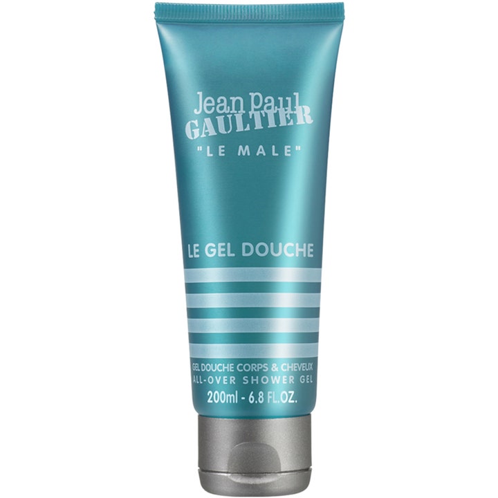 Jean Paul Gaultier Le Male 200 ml virkistävä suihkugeeli turkoosissa raidallisessa tuubissa hopeisella korkilla.