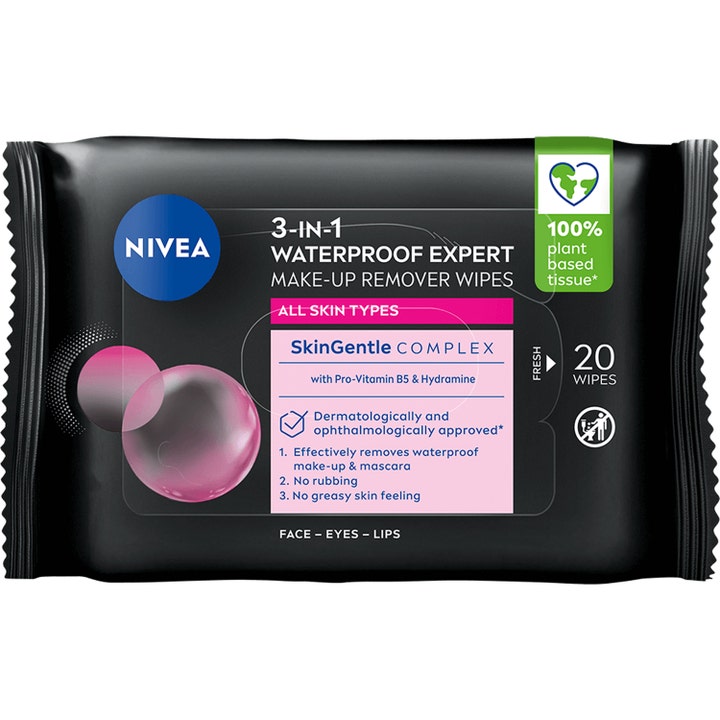 Nivea 3-in-1 Waterproof Expert meikinpoistoliinat 20 kpl poistavat vedenkestävän meikin mustassa pakkauksessa pinkein kuplin