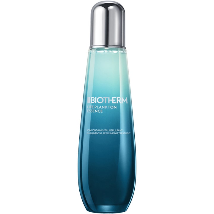 Biotherm Life Plankton Essence 125 ml kosteuttava hoitoneste sinisessä liukuvärjätyssä lasipullossa hopeisella korkilla