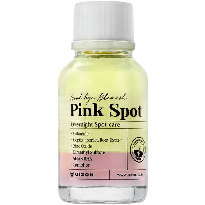 Mizon Good Bye Blemish Pink Spot 19 ml epäpuhtauksia hoitava täsmähoito lasipullossa jossa on vaaleanpunainen kerros