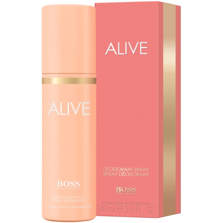 Hugo Boss Alive Deo Spray 100 ml naisten deodorantti persikanvärisessä pullossa ja vaaleanpunaisessa pakkauksessa.